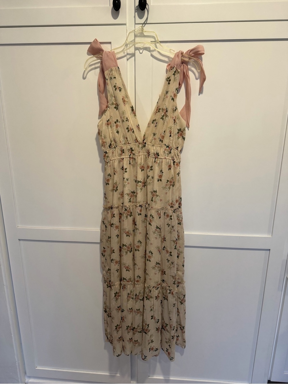 Storia Cream Floral Maxi Dress with Pink Tie Straps
